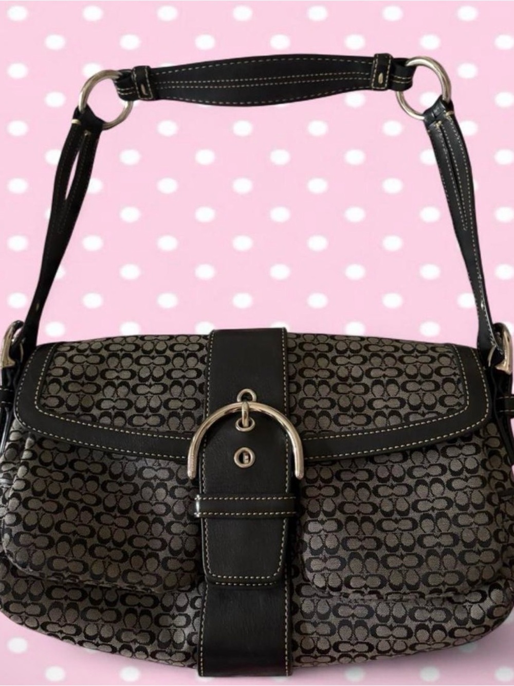 Coach Black Signature Jacquard Shoulder Bag with Silver Hardware